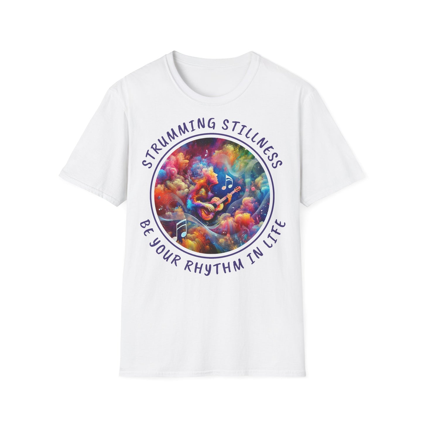 PoM's Mindfulness & Music collection ... "STRUMMING STILLNESS" T-Shirt (Unisex, Softstyle, 100% Cotton, up to 5 sizes and 11 colours)