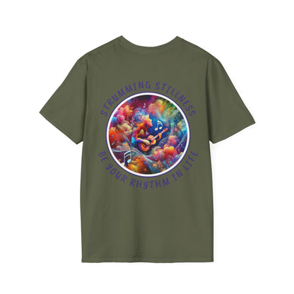 PoM's Mindfulness & Music collection ... "STRUMMING STILLNESS" T-Shirt (Unisex, Softstyle, 100% Cotton, up to 5 sizes and 11 colours)