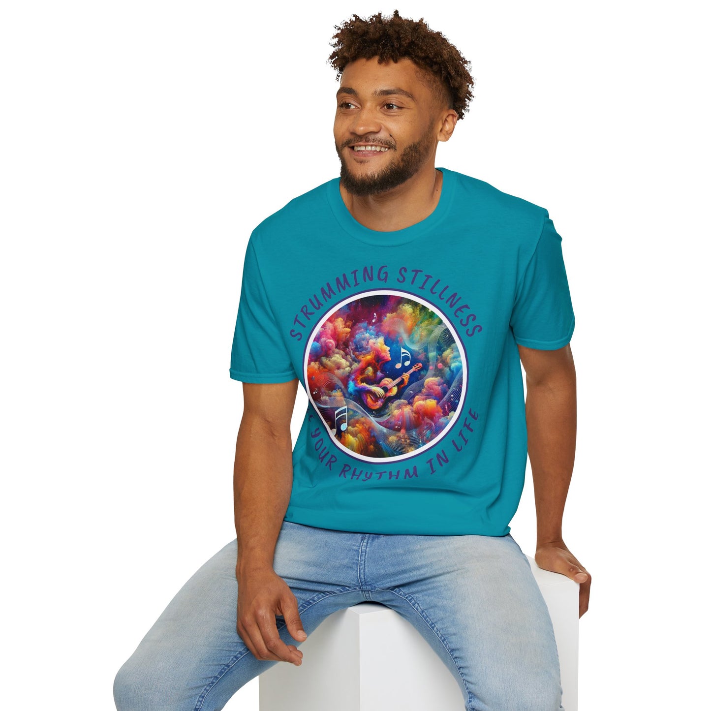 PoM's Mindfulness & Music collection ... "STRUMMING STILLNESS" T-Shirt (Unisex, Softstyle, 100% Cotton, up to 5 sizes and 11 colours)