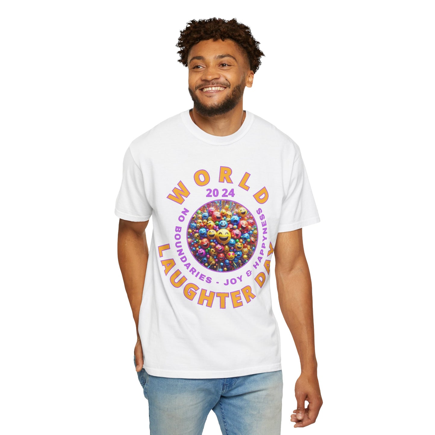 PoM's series Mindfulness & Self motivation ... World LAUGHTER Day ... Unisex Garment-Dyed T-shirt (100% pre-shrunk cotton, soft washed - six sizes (S-3XL), 9 background colours)