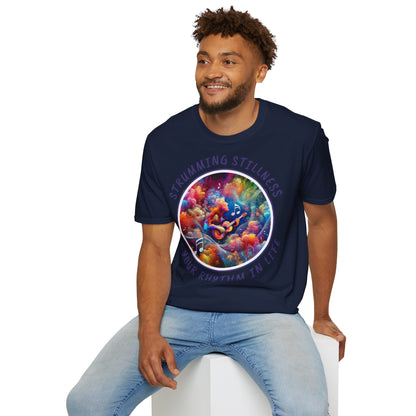 PoM's Mindfulness & Music collection ... "STRUMMING STILLNESS" T-Shirt (Unisex, Softstyle, 100% Cotton, up to 5 sizes and 11 colours)