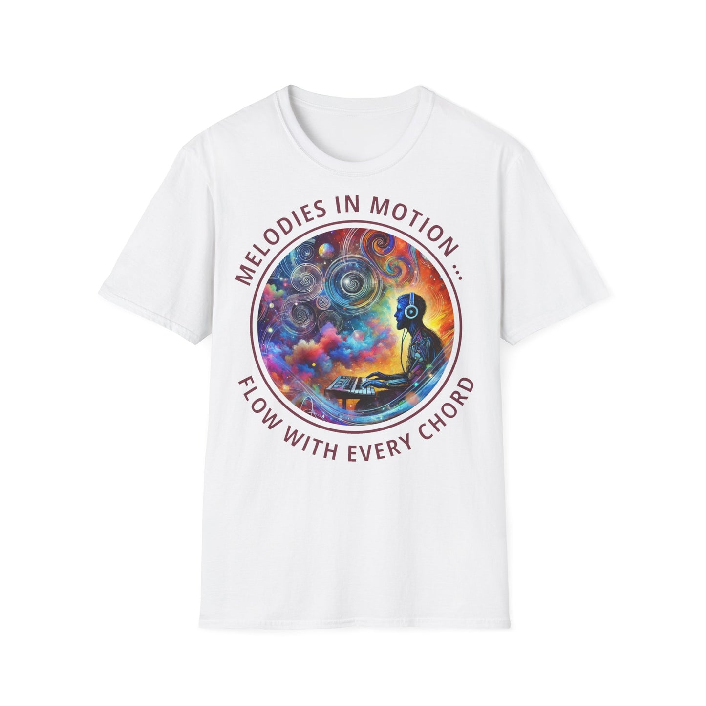 PoM's Mindfulness & Music collection ... "MELODIES IN MOTION" T-Shirt (Unisex, Softstyle, 100% Cotton, up to 5 sizes and up to 13 colours)