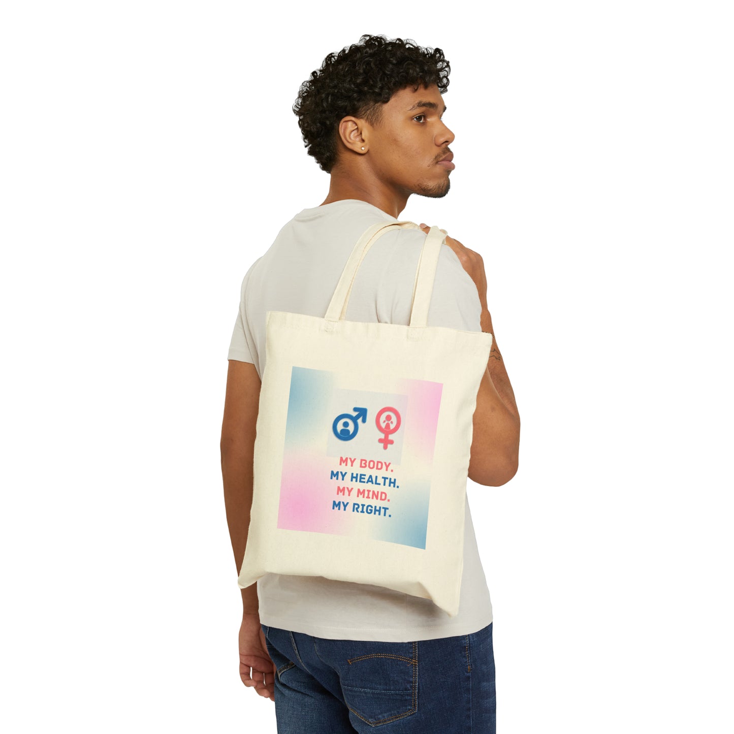 PoM's special series Intern. World HEALTH Day 2024 ... My Health, my right. ... 100% Cotton Canvas Tote Bag (with handles, heavy fabric)