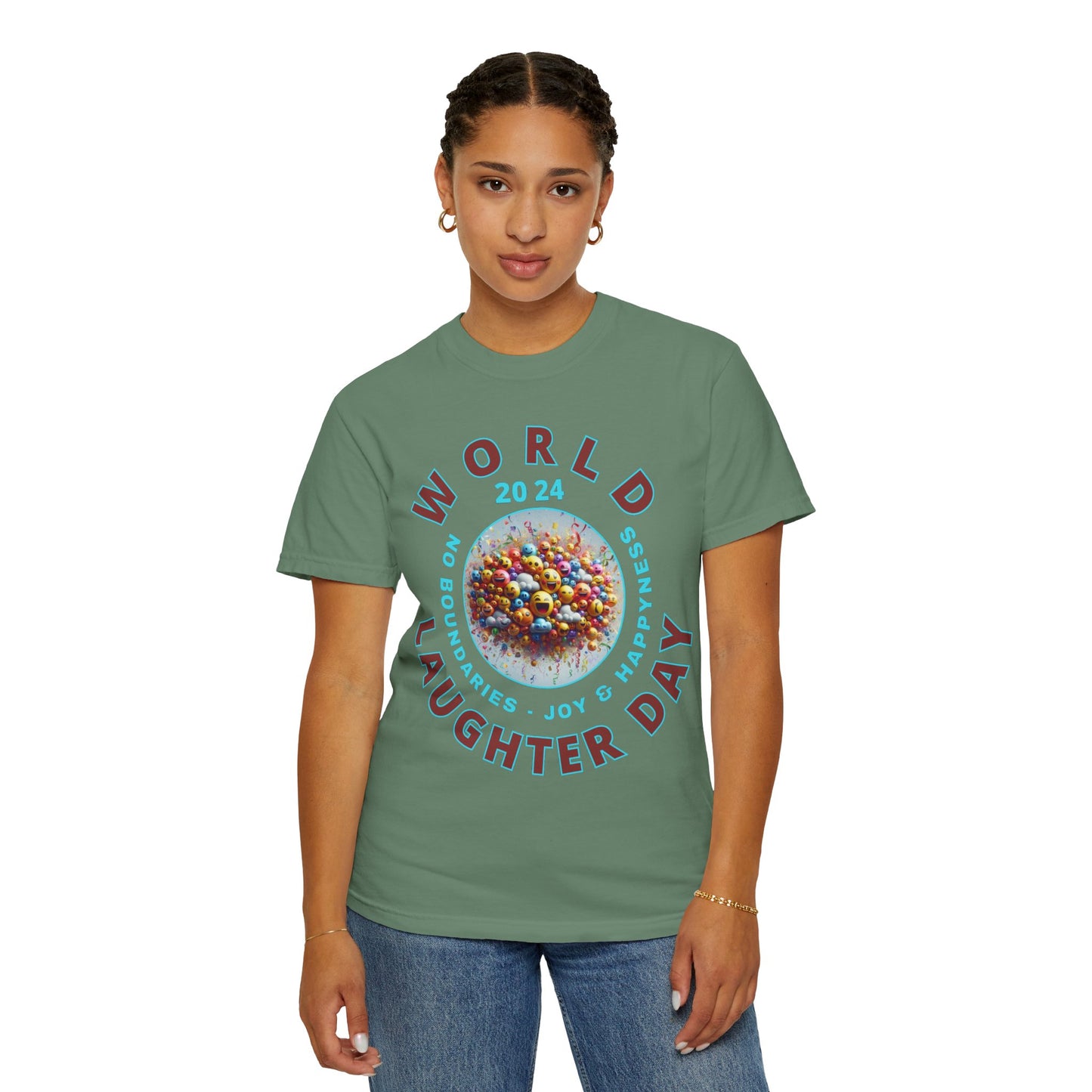 PoM's series Mindfulness & Self motivation ... World LAUGHTER Day ... Unisex Garment-Dyed T-shirt (100% pre-shrunk cotton, soft washed - six sizes (S-3XL), 13 background colours)