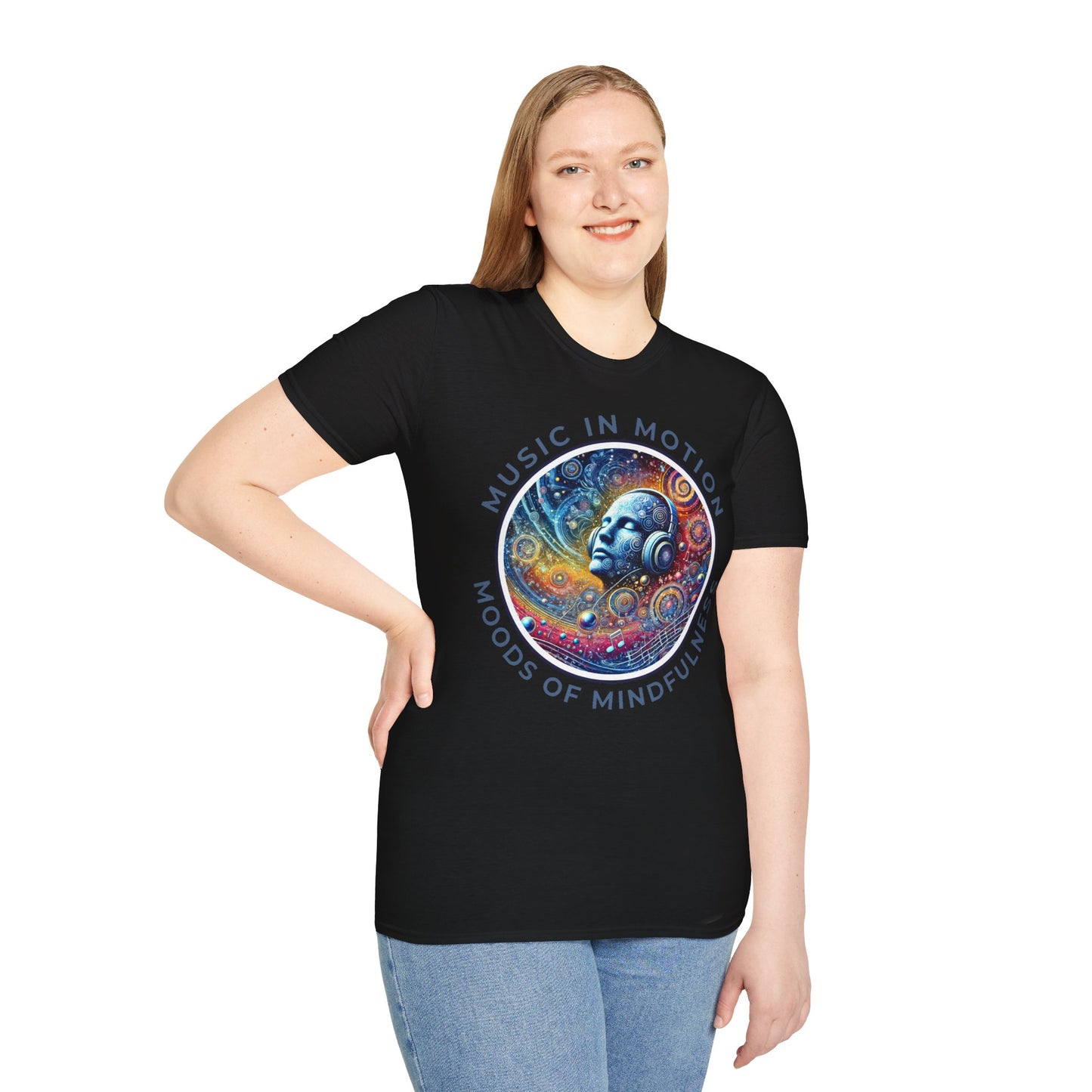 PoM's Music for Mindfulness Collection ... "MUSIC IN MOTION ..." T-Shirt (Unisex, Softstyle, 100% Cotton, up to 5 sizes and 11 colours)