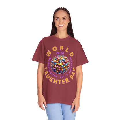 PoM's series Mindfulness & Self motivation ... World LAUGHTER Day ... Unisex Garment-Dyed T-shirt (100% pre-shrunk cotton, soft washed - six sizes (S-3XL), 9 background colours)