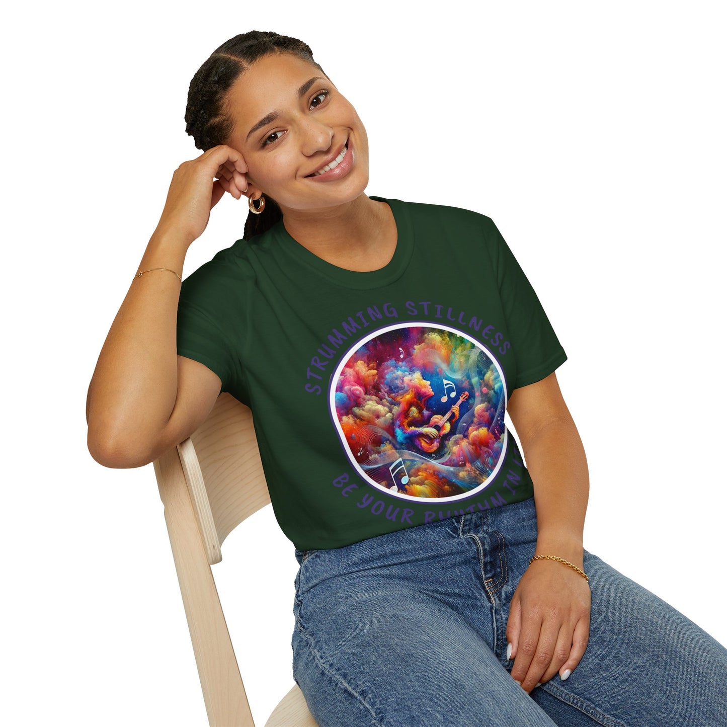 PoM's Mindfulness & Music collection ... "STRUMMING STILLNESS" T-Shirt (Unisex, Softstyle, 100% Cotton, up to 5 sizes and 11 colours)