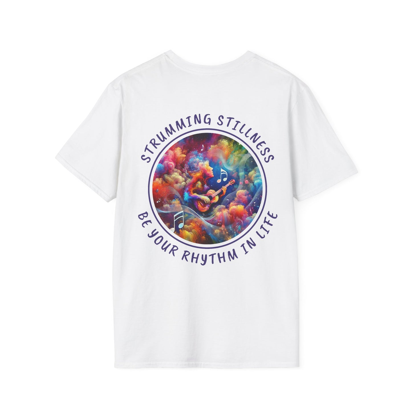 PoM's Mindfulness & Music collection ... "STRUMMING STILLNESS" T-Shirt (Unisex, Softstyle, 100% Cotton, up to 5 sizes and 11 colours)