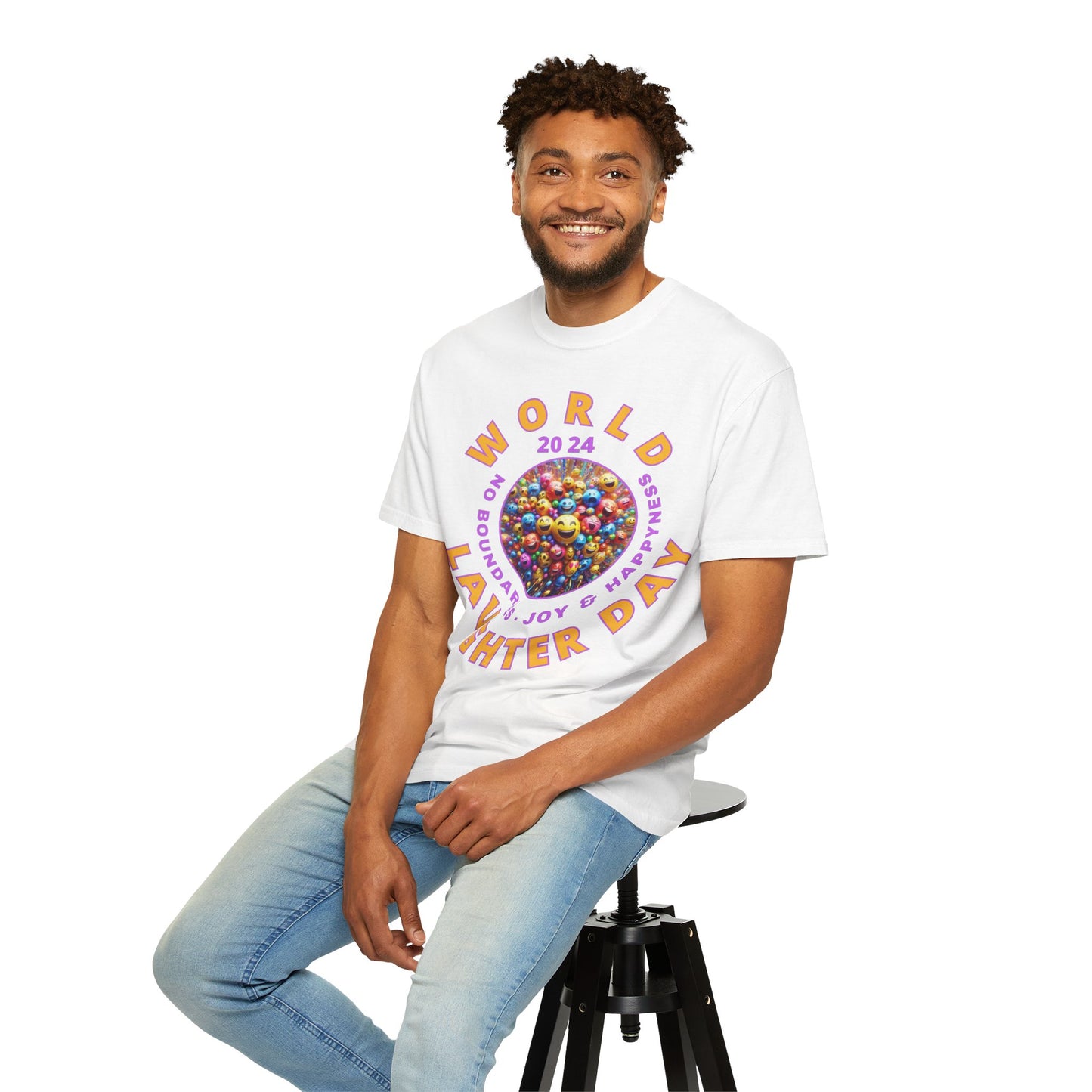 PoM's series Mindfulness & Self motivation ... World LAUGHTER Day ... Unisex Garment-Dyed T-shirt (100% pre-shrunk cotton, soft washed - six sizes (S-3XL), 9 background colours)