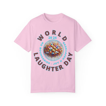 PoM's series Mindfulness & Self motivation ... World LAUGHTER Day ... Unisex Garment-Dyed T-shirt (100% pre-shrunk cotton, soft washed - six sizes (S-3XL), 13 background colours)