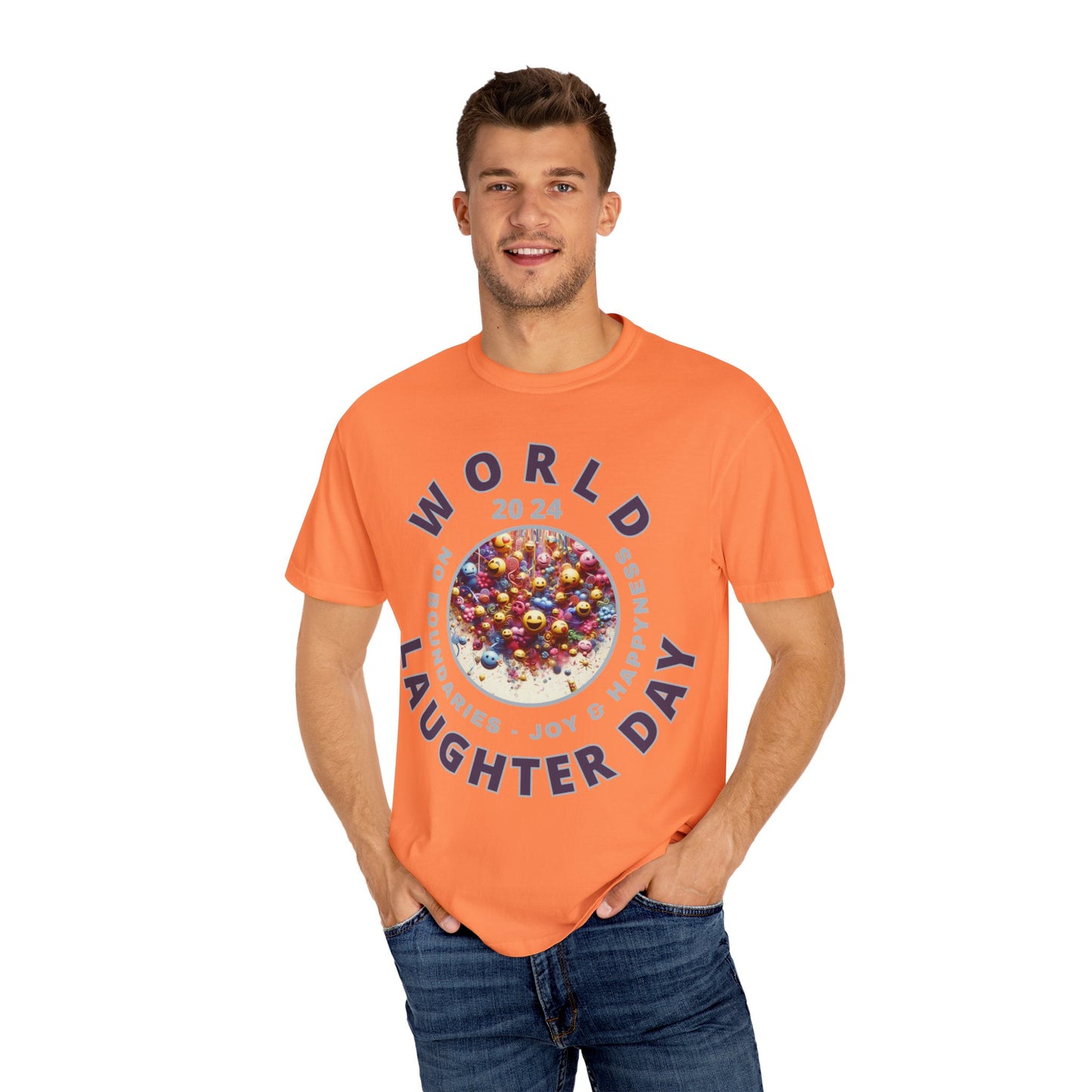 PoM's series Mindfulness & Self motivation ... World LAUGHTER Day ... Unisex Garment-Dyed T-shirt (100% pre-shrunk cotton, soft washed - six sizes (S-3XL), 16 background colours)