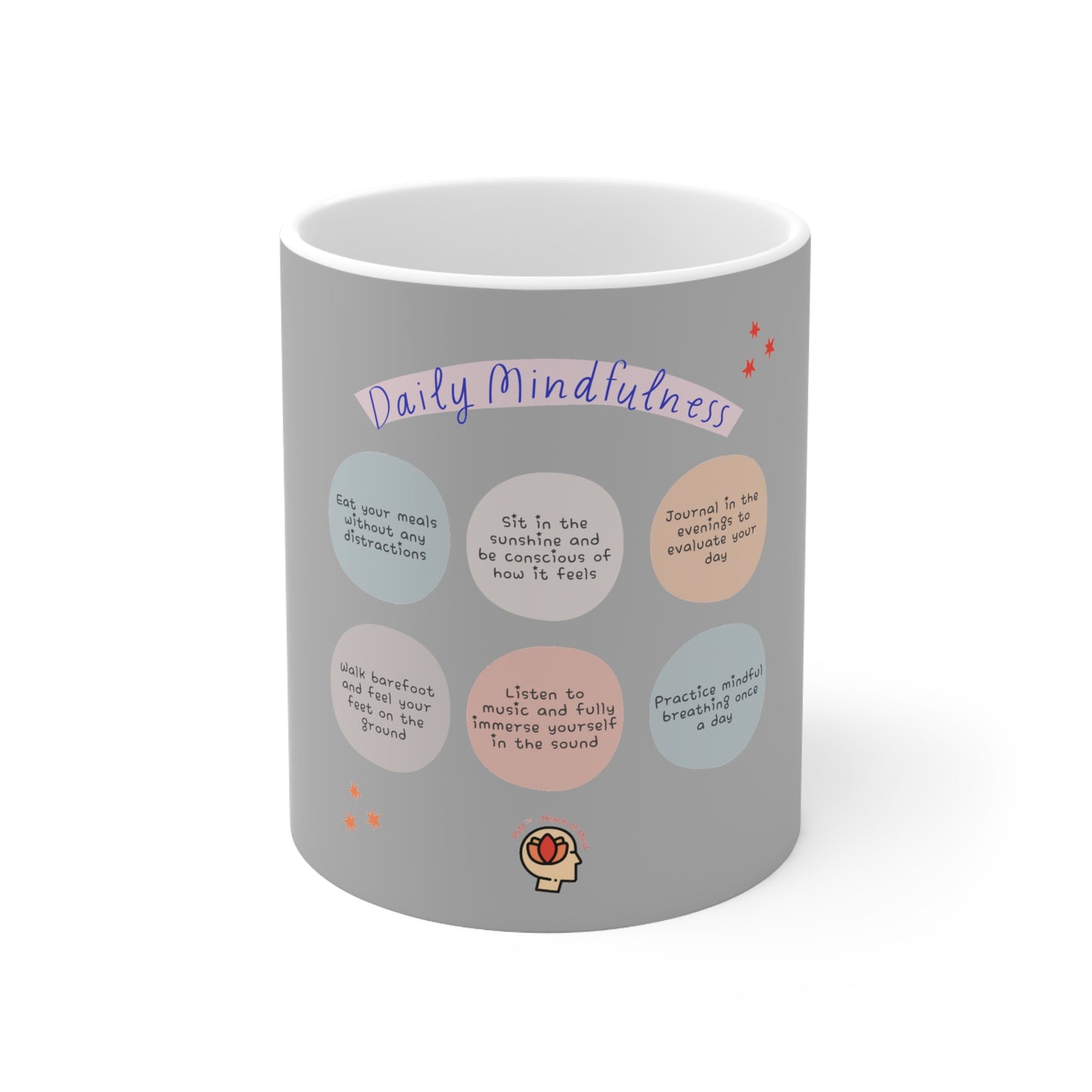 PoM's Mindfulness series ... "Daily Mindfulness (6 x care taking)" ... Silver grey / White Ceramic Mug (11oz / 0.33 l, BPA and lead-free, microwave & dishwasher-safe)