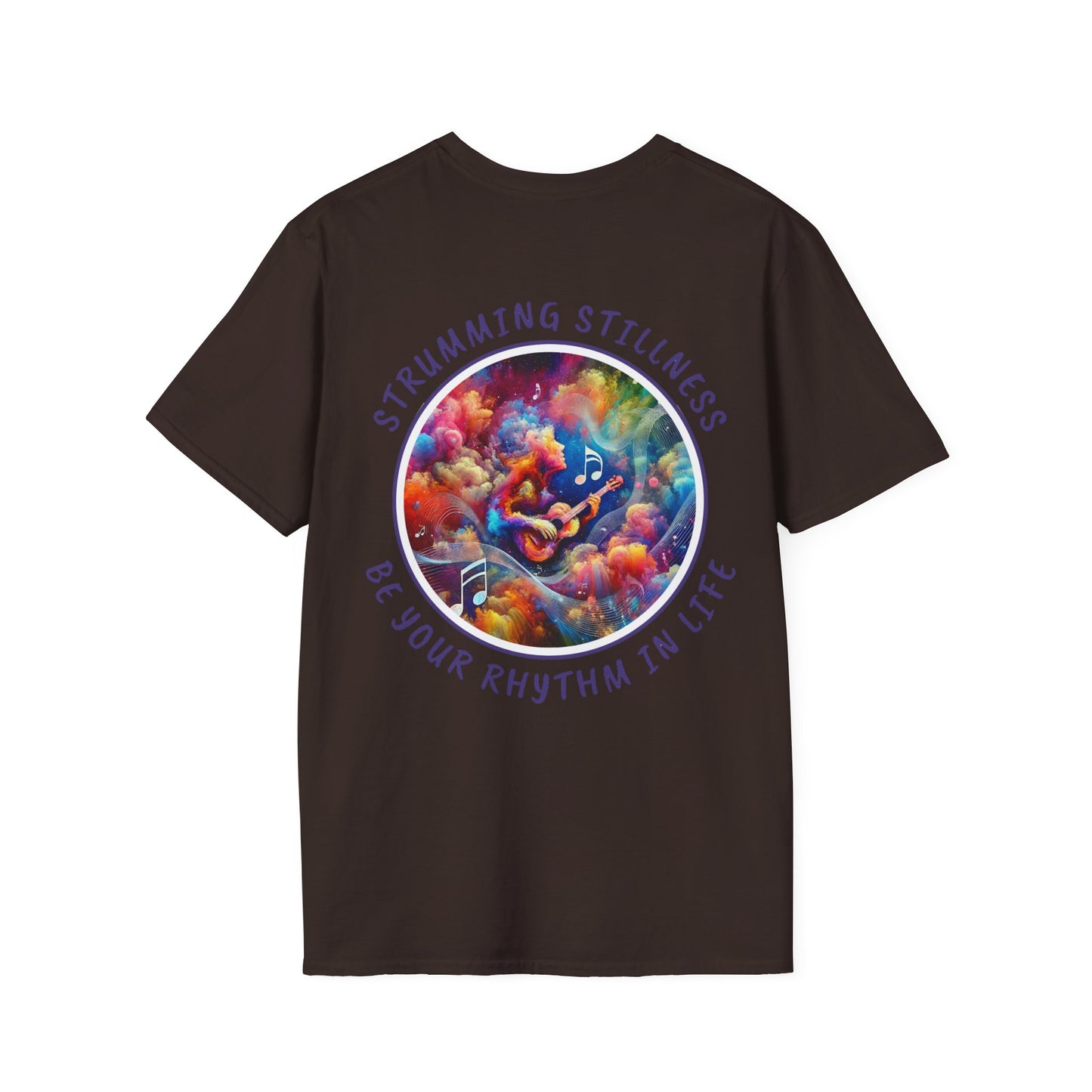 PoM's Mindfulness & Music collection ... "STRUMMING STILLNESS" T-Shirt (Unisex, Softstyle, 100% Cotton, up to 5 sizes and 11 colours)