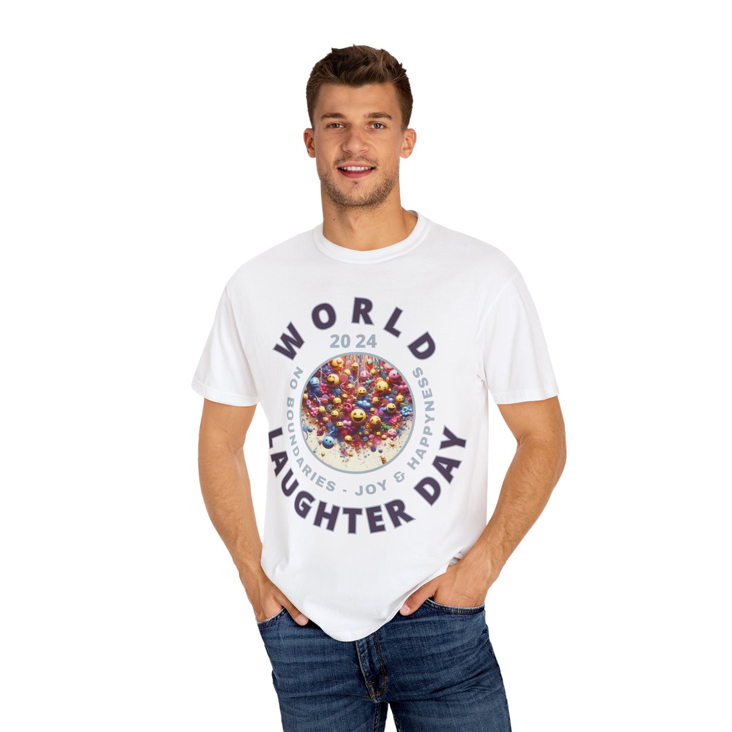 PoM's series Mindfulness & Self motivation ... World LAUGHTER Day ... Unisex Garment-Dyed T-shirt (100% pre-shrunk cotton, soft washed - six sizes (S-3XL), 16 background colours)