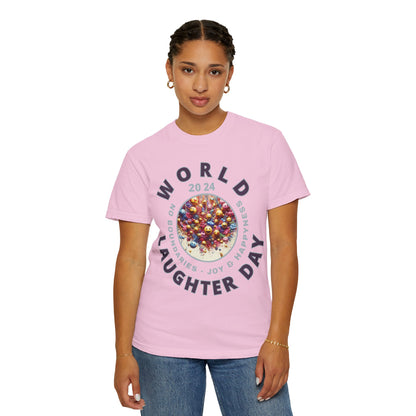 PoM's series Mindfulness & Self motivation ... World LAUGHTER Day ... Unisex Garment-Dyed T-shirt (100% pre-shrunk cotton, soft washed - six sizes (S-3XL), 16 background colours)