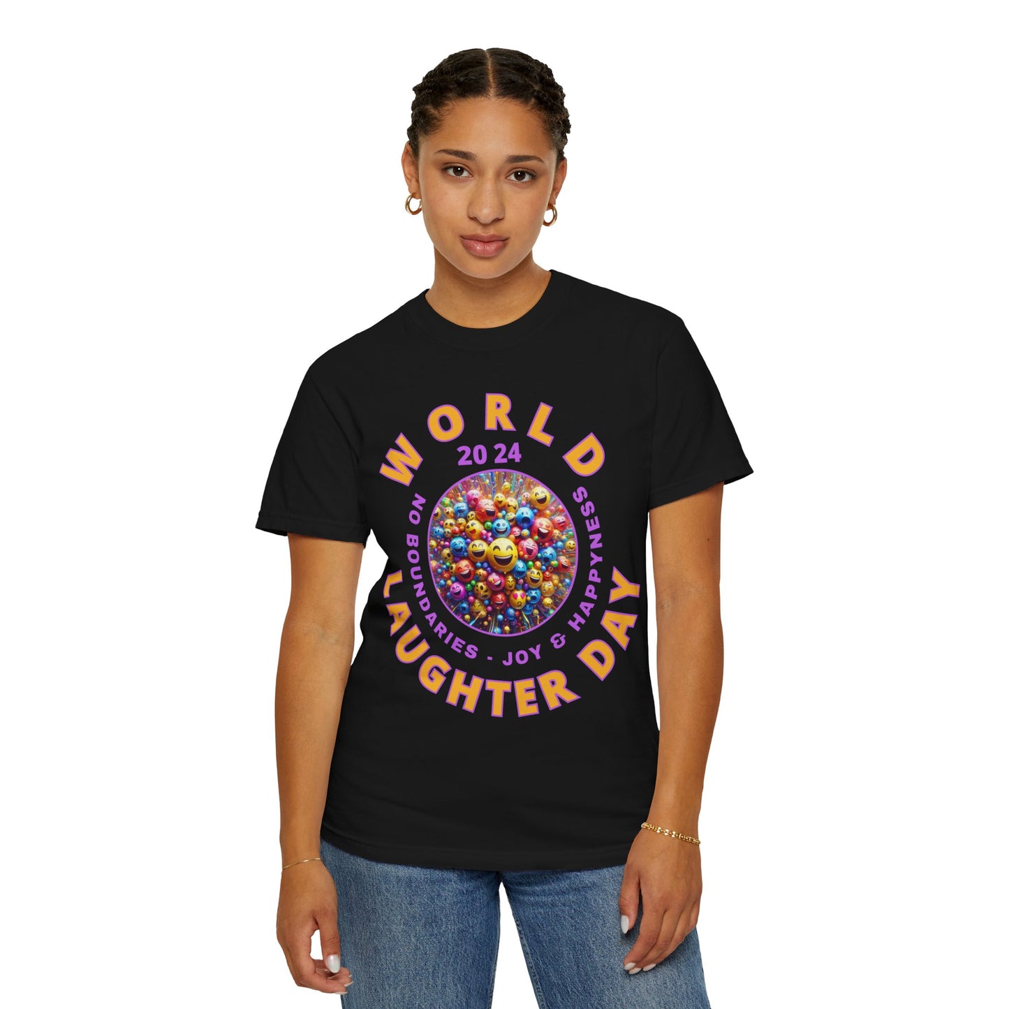 PoM's series Mindfulness & Self motivation ... World LAUGHTER Day ... Unisex Garment-Dyed T-shirt (100% pre-shrunk cotton, soft washed - six sizes (S-3XL), 9 background colours)