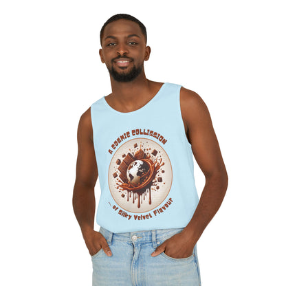 PoM's Fun & Joy for a Happy Life Collection ... COSMIC COLLISION ... Garment-Dyed TANK Top (unisex, 100% cotton, 7 sizes, up to 16 colors)