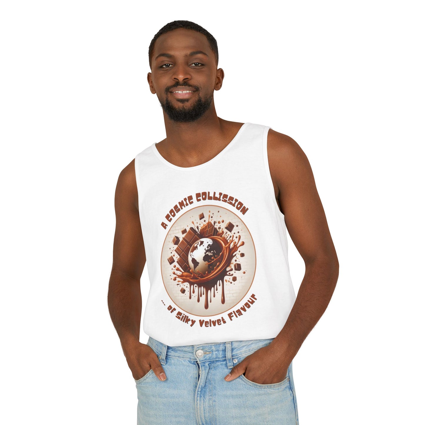 PoM's Fun & Joy for a Happy Life Collection ... COSMIC COLLISION ... Garment-Dyed TANK Top (unisex, 100% cotton, 7 sizes, up to 16 colors)