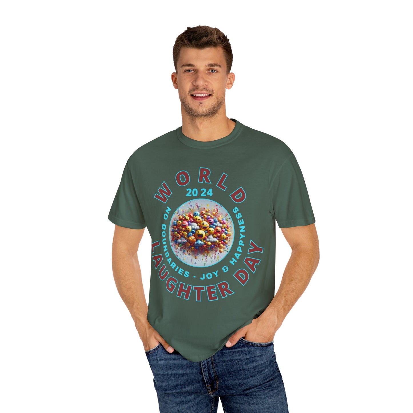 PoM's series Mindfulness & Self motivation ... World LAUGHTER Day ... Unisex Garment-Dyed T-shirt (100% pre-shrunk cotton, soft washed - six sizes (S-3XL), 13 background colours)