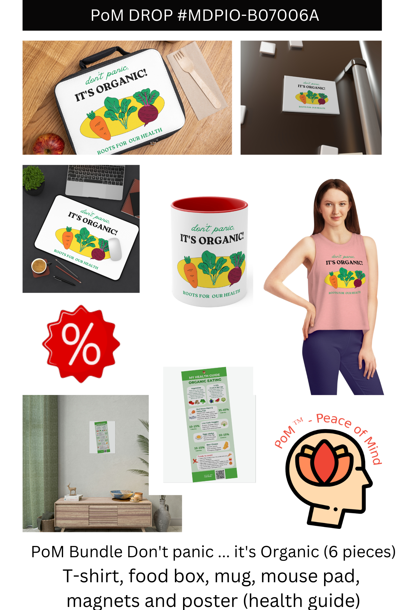 PoM's Bundle Don't Panic ... It's Organic! (#MDPIO-B06006A): T-shirt, food box, mug, mouse pad, magnets and poster (health guide)