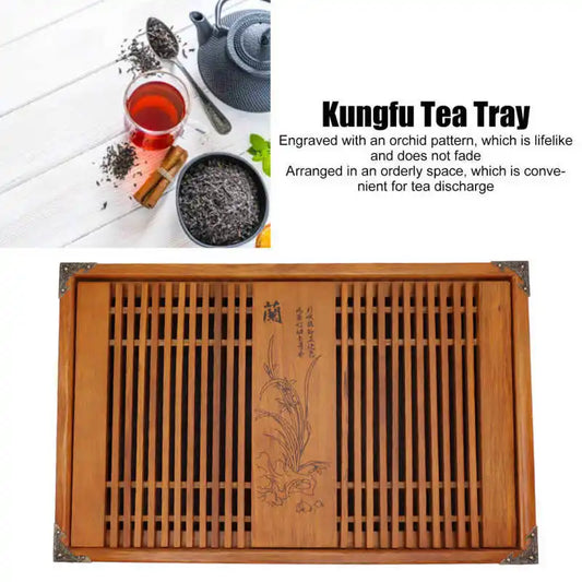 PoM's International Tea Day series ... Chinese Gongfu Tea Tray (durable wooden tea table (28x43cm), 2 colours with engraved Orchid patterns and drain pipe)