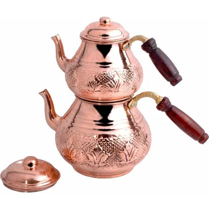 PoM's International TEA Day series ... Turkish Copper Teapot (Copper Kettle Handmade, 4 Pieces Set: Boiler with Wooden Handle, 0.8-1.7 ltr.)