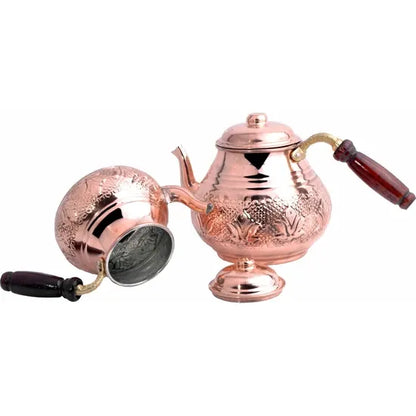 PoM's International TEA Day series ... Turkish Copper Teapot (Copper Kettle Handmade, 4 Pieces Set: Boiler with Wooden Handle, 0.8-1.7 ltr.)