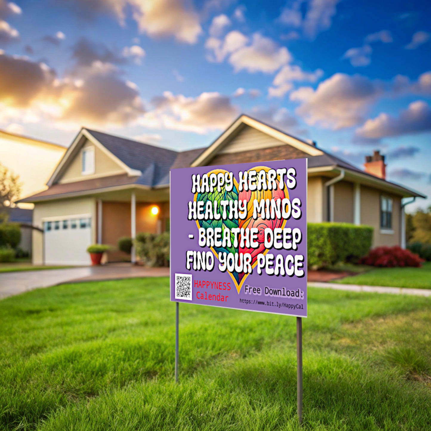 PoM's Mindfulness Collection ... NEW: Yard Sign "Happy HEARTS ... Healthy MINDS. - Breathe Deep. Find your Peace." (18 x 24 inch ... 45.7 x 60.9 cm, print on both sides)